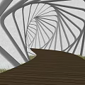 Architectural Spiral Pergola with Intricate Curved Structure and Wooden Walkway