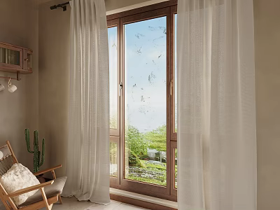 Elegant White Curtains For Floor To Ceiling Window In Bright Modern Room With Natural Light 3d model