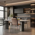 Modern Restaurant Open Kitchen Space With Dining Table Chairs And Modern Cabinets 3d model