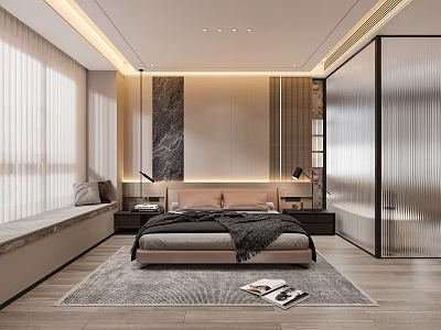 Modern Bedroom Interior With Wooden Panels Stone Accent Wall Bedside Tables Rug And White Curtains 3d model