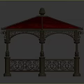 Elegant Metal Gazebo Featuring Red Roof Ornate Railings And Decorative Pillars
