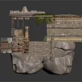 Ancient Stone Structure With Wooden Platform Steps Green Vines And Wheel Components