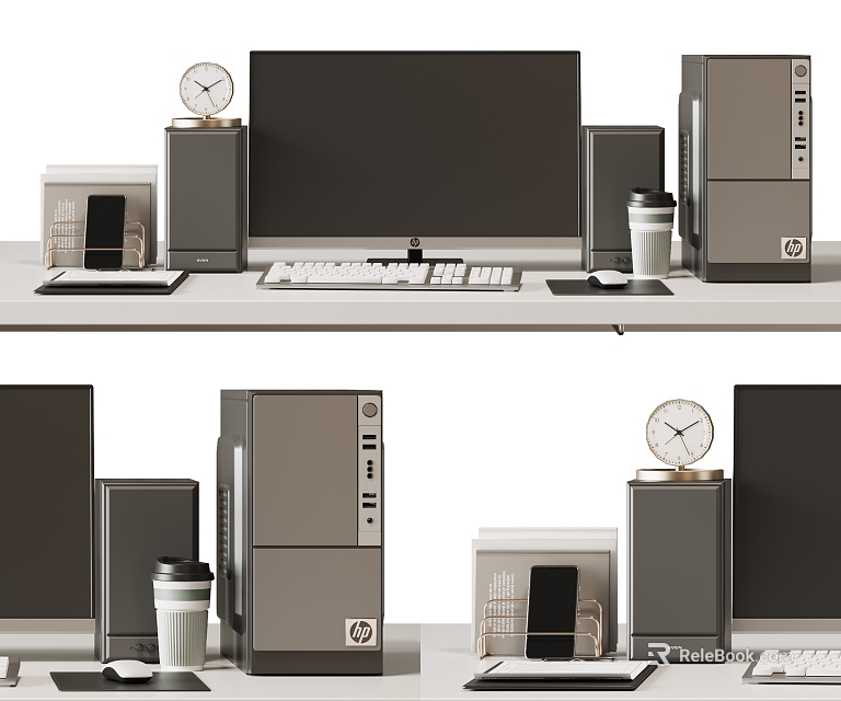 Modern Desktop Computer Setup With Monitor Keyboard Mouse Coffee Cup Clock And Phone 3d model 