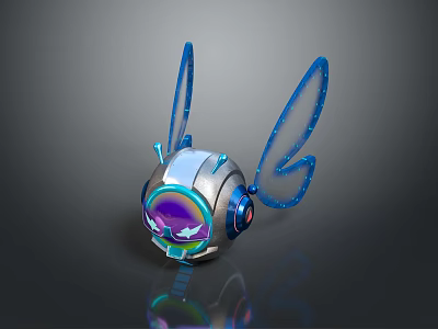 Mechanical Game and Movie Character With Blue Transparent Wings Glowing Eyes And Headphone Accents 3d model