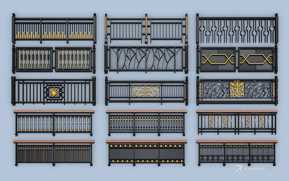 Various Decorative Fence Designs With Ornate Patterns And Metal Details 3d model 