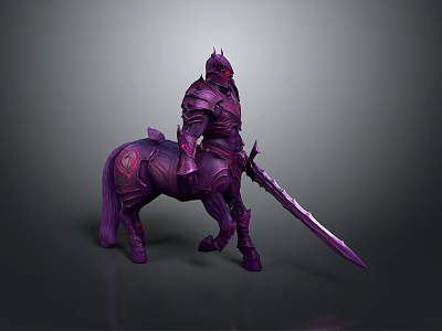 Armored Purple Knight Riding Purple Horse With Red Accents And Sword 3d model