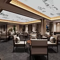 Traditional Chinese Teahouse Interior Design With Wooden Tables Chairs Ceiling Decorations And Chandeliers