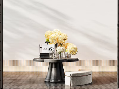 Modern Black Console Table with Yellow Hydrangeas Books and Beige Ottoman on White Wall 3d model