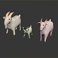 Cartoon Three Goats Figurines With White Bodies Small Black White Kid Horns On Reflective Background