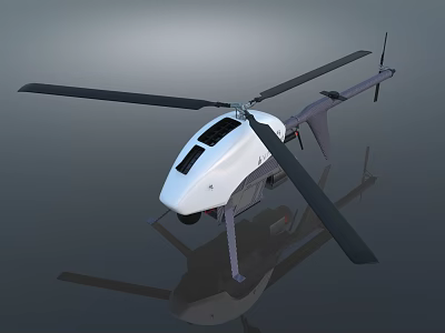White Helicopter 3D Model with Black Rotors Solar Panels Landing Gear and Gray Background Reflection 3d model