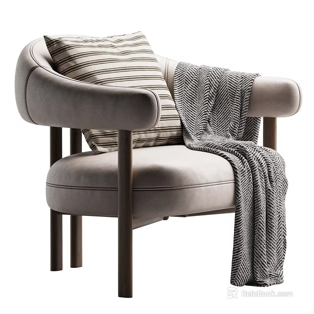 Modern Light Gray Upholstered Leisure Chair With Sturdy Wooden Legs Striped Pillow And Cozy Blanket 3d model 