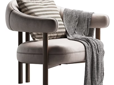 Modern Light Gray Upholstered Leisure Chair With Sturdy Wooden Legs Striped Pillow And Cozy Blanket 3d model