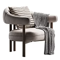 Modern Light Gray Upholstered Leisure Chair With Sturdy Wooden Legs Striped Pillow And Cozy Blanket