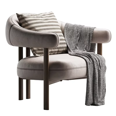 Modern Light Gray Upholstered Leisure Chair With Sturdy Wooden Legs Striped Pillow And Cozy Blanket 3d model