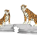 Two Tiger Statues Standing On Stone Pedestals In Grassy Field With Blue Sky