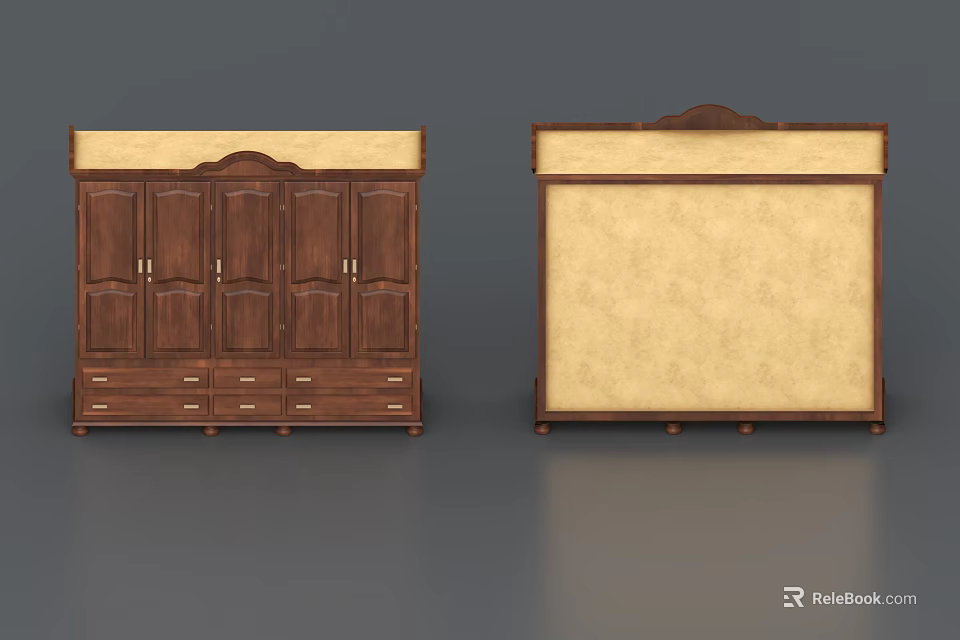 Traditional Wooden Wardrobe With Multiple Doors Drawers Decorative Top And Upholstered Panel 3d model 