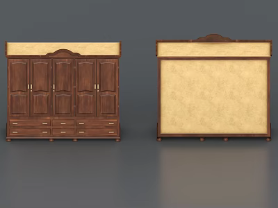 Traditional Wooden Wardrobe With Multiple Doors Drawers Decorative Top And Upholstered Panel 3d model