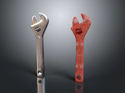 Two Adjustable Wrenches Essential Hardware Tools Silver And Red Metal With Reflective Surfaces 3d model
