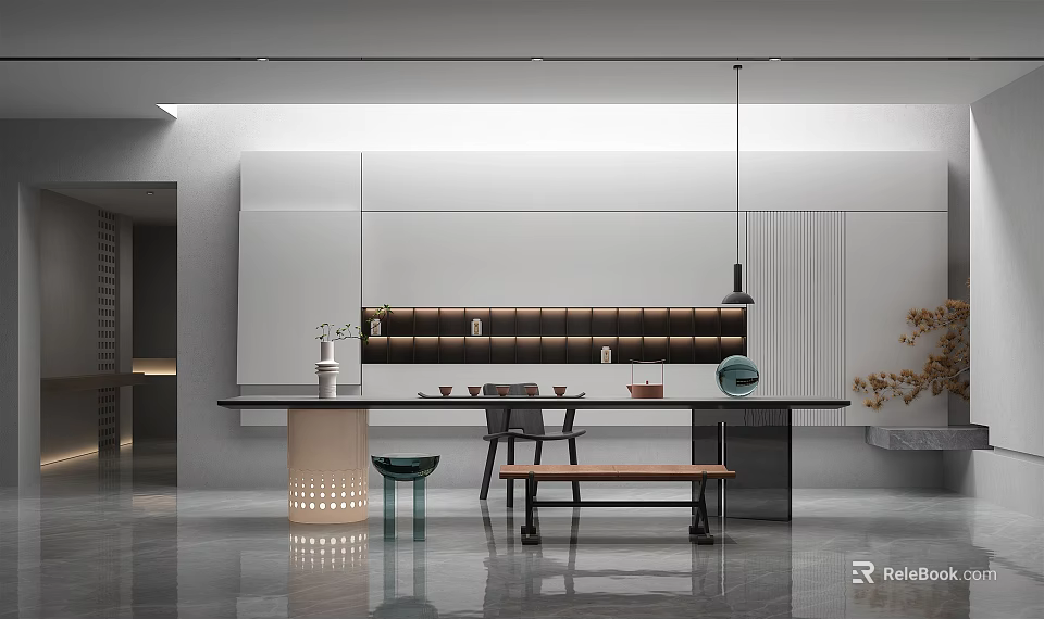 Modern Tea Room Interior Design With Long Table Hanging Lamp Bench And Tea Sets 3d model 