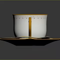 White Teacup With Gold Rim And Decorations On Matching Saucer With Gold Spoon