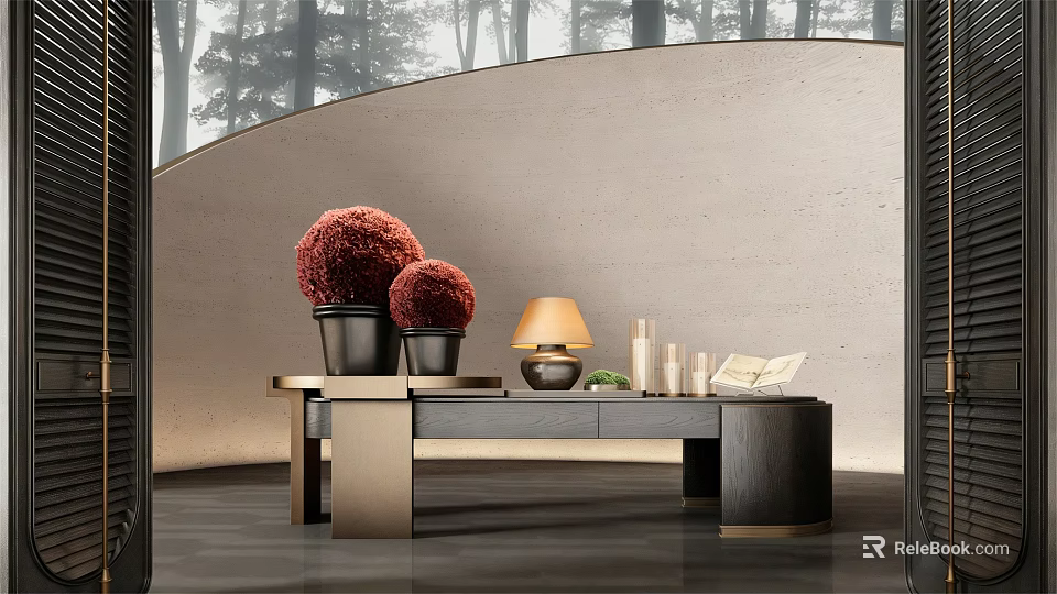 Elegant Console Table With Red Spherical Decor Black Planters Yellow Lamp White Candles Curved Wall 3d model 