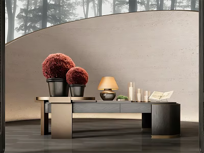 Elegant Console Table With Red Spherical Decor Black Planters Yellow Lamp White Candles Curved Wall 3d model
