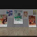 Commercial Calendar Display Equipment With Multiple Styled Illustration Posters On Wall 3d model