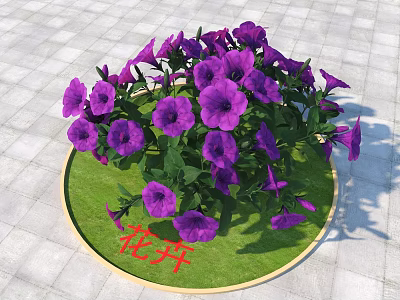 Vibrant Purple Flowers Blooming On Circular Green Grass With Gray Square Tiles 3d model