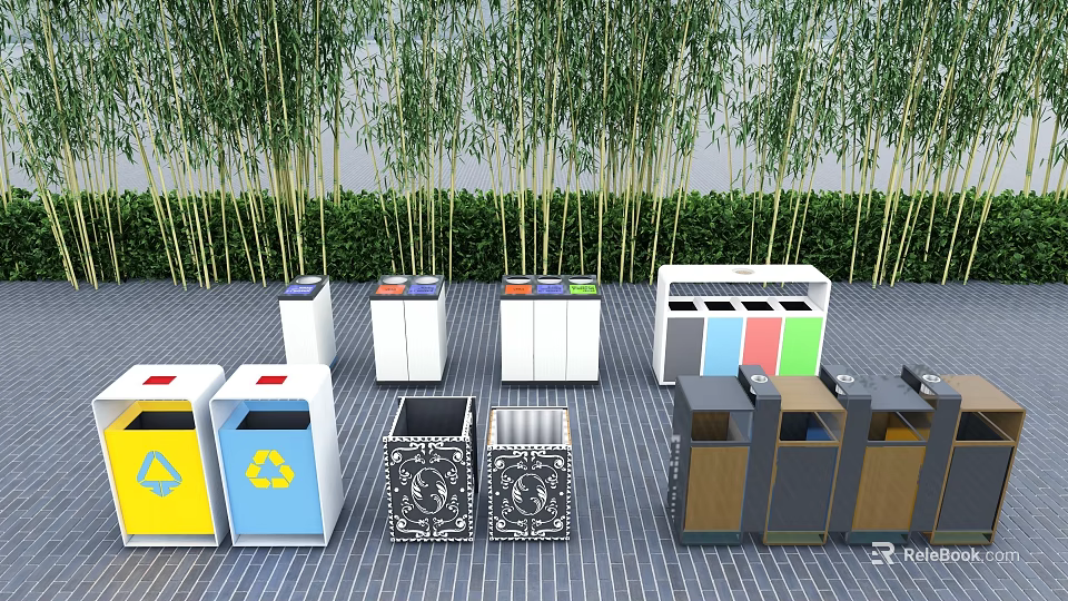 Public Trash Bins With Colorful Design For Recycling In Outdoor Area With Green Plants 3d model 
