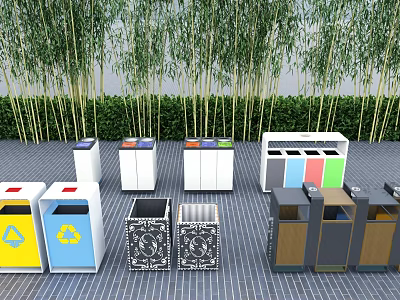 Public Trash Bins With Colorful Design For Recycling In Outdoor Area With Green Plants 3d model