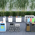 Public Trash Bins With Colorful Design For Recycling In Outdoor Area With Green Plants
