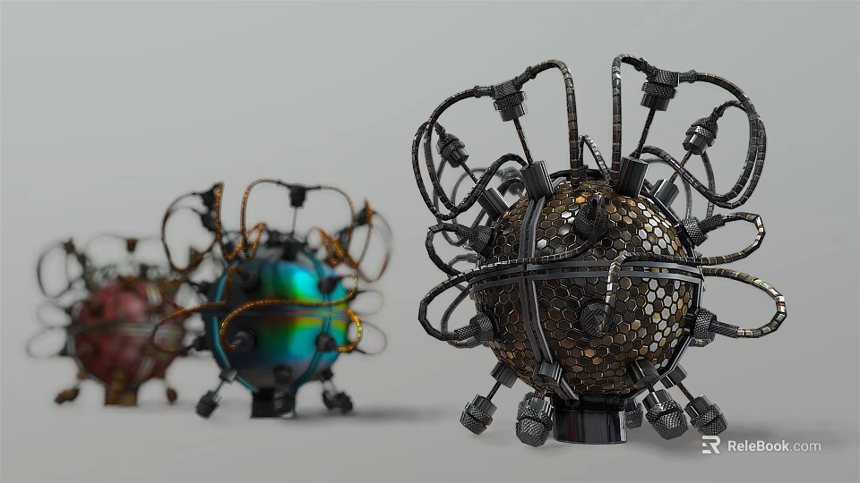 Multi Colored Spherical Mechanical Devices With Intricate Wiring And Metal Structures 3d model