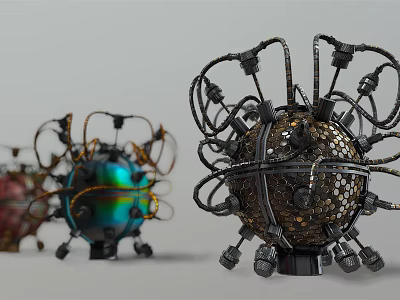 Multi Colored Spherical Mechanical Devices With Intricate Wiring And Metal Structures 3d model