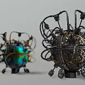 Multi Colored Spherical Mechanical Devices With Intricate Wiring And Metal Structures 3d model