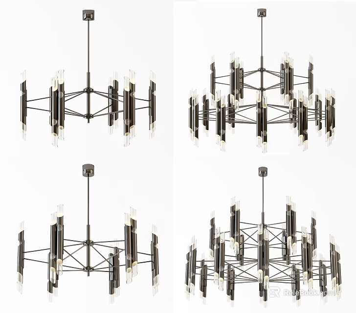 Modern Chandelier Design Featuring Black Metal Frame And Clear Glass Shades For Living Room Interior 3d model 