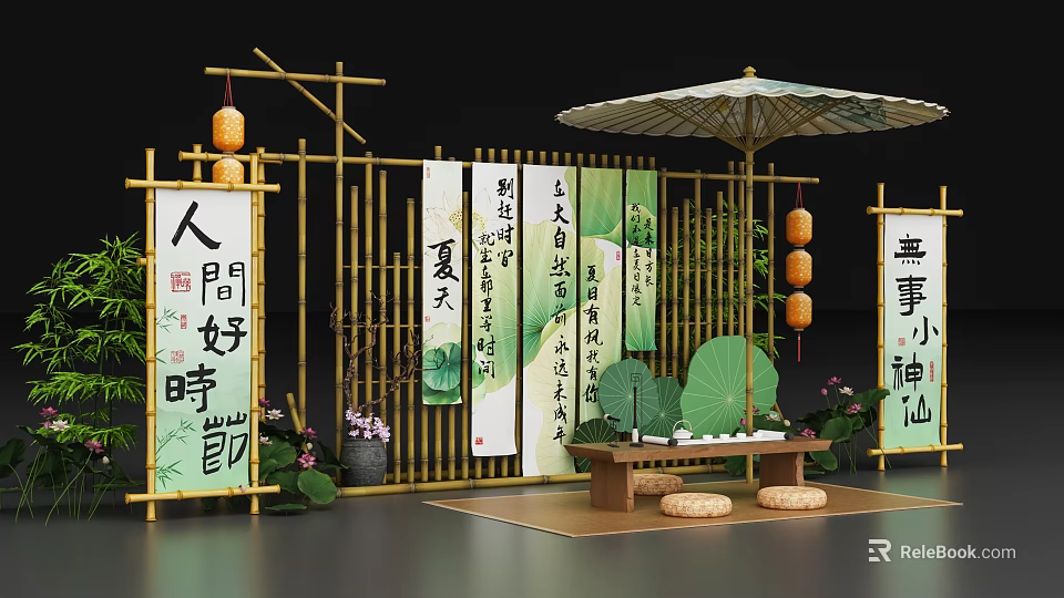 Traditional Oriental Photo Check In Spot With Bamboo Screens Red Lanterns Lotus And Calligraphy Scrolls 3d model 