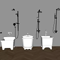 Modern Shower Heads with Multiple Styles and White Bases on Gray Wall Wooden Floor