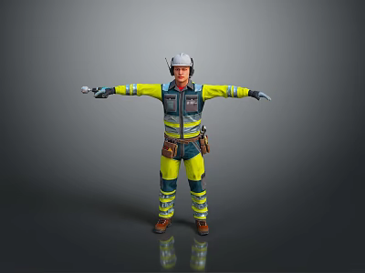 Game Movie Character In Yellow Blue Work Uniform Safety Helmet And Tool Standing Arms Outstretched 3d model