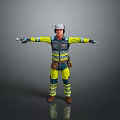 Game Movie Character In Yellow Blue Work Uniform Safety Helmet And Tool Standing Arms Outstretched