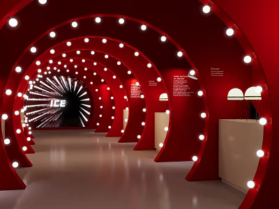 Red Arched Tunnel Interior With White Circular Lights Gray Floor And ICE Sign At End 3d model