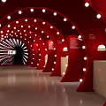 Red Arched Tunnel Interior With White Circular Lights Gray Floor And ICE Sign At End