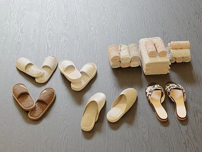 Comfortable Home Slippers in Beige Light Brown White With Soft Texture and Towels 3d model