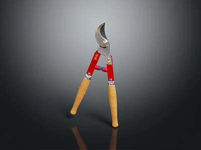 Professional Red Pruning Shears With Wooden Handles And Sharp Metal Blade 3d model