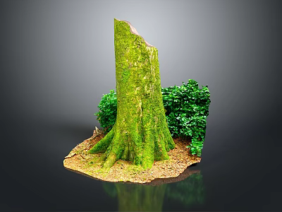 Natural Wooden Stump Covered With Green Moss And Surrounding Shrubs On Soil Base 3d model
