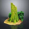 Natural Wooden Stump Covered With Green Moss And Surrounding Shrubs On Soil Base