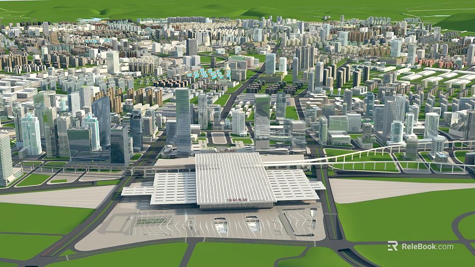Aerial City Planning Layout With High Rise Buildings Transportation Hub And Green Areas 3d model 
