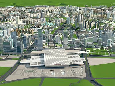 Aerial City Planning Layout With High Rise Buildings Transportation Hub And Green Areas 3d model