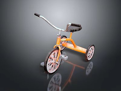 Orange Tricycle With Black Seat Silver Handlebar And Reflective Wheels On Shiny Surface 3d model
