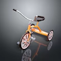 Orange Tricycle With Black Seat Silver Handlebar And Reflective Wheels On Shiny Surface