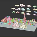 Modern Miniature Scene With Colorful Buildings Red Tower Trees Snowy Mountains And Clouds